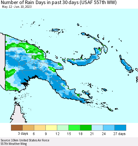 Papua New Guinea Number of Rain Days in past 30 days (USAF 557th WW) 06/10/2023 Thematic Map For 6/6/2023 - 6/10/2023