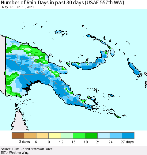 Papua New Guinea Number of Rain Days in past 30 days (USAF 557th WW) 06/15/2023 Thematic Map For 6/11/2023 - 6/15/2023