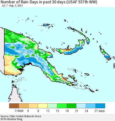 Papua New Guinea Number of Rain Days in past 30 days (USAF 557th WW) 08/05/2023 Thematic Map For 8/1/2023 - 8/5/2023