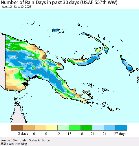 Papua New Guinea Number of Rain Days in past 30 days (USAF 557th WW) 09/10/2023 Thematic Map For 9/6/2023 - 9/10/2023