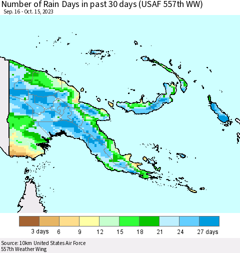 Papua New Guinea Number of Rain Days in past 30 days (USAF 557th WW) 10/15/2023 Thematic Map For 10/11/2023 - 10/15/2023