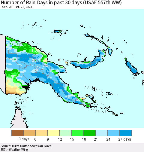 Papua New Guinea Number of Rain Days in past 30 days (USAF 557th WW) 10/25/2023 Thematic Map For 10/21/2023 - 10/25/2023