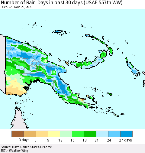 Papua New Guinea Number of Rain Days in past 30 days (USAF 557th WW) 11/20/2023 Thematic Map For 11/16/2023 - 11/20/2023