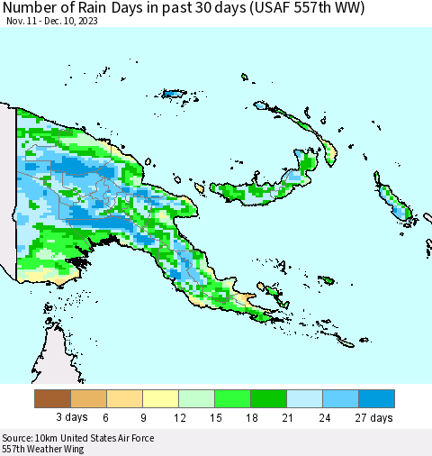 Papua New Guinea Number of Rain Days in past 30 days (USAF 557th WW) 12/10/2023 Thematic Map For 12/6/2023 - 12/10/2023