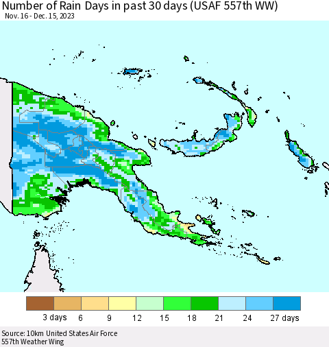 Papua New Guinea Number of Rain Days in past 30 days (USAF 557th WW) 12/15/2023 Thematic Map For 12/11/2023 - 12/15/2023