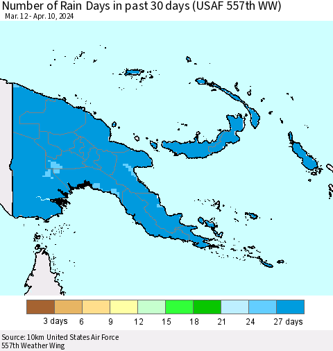 Papua New Guinea Number of Rain Days in past 30 days (USAF 557th WW) 04/10/2024 Thematic Map For 4/6/2024 - 4/10/2024