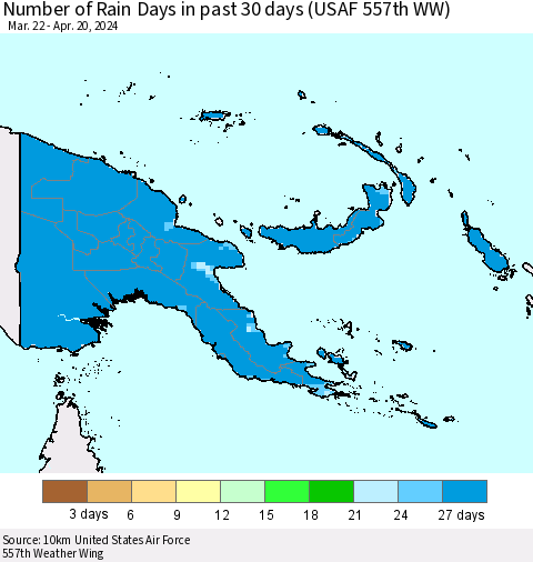 Papua New Guinea Number of Rain Days in past 30 days (USAF 557th WW) 04/20/2024 Thematic Map For 4/16/2024 - 4/20/2024