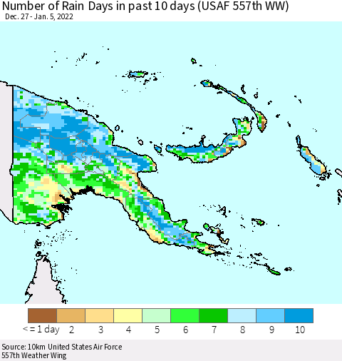 Papua New Guinea Number of Rain Days in past 10 days (USAF 557th WW) Thematic Map For 1/1/2022 - 1/5/2022
