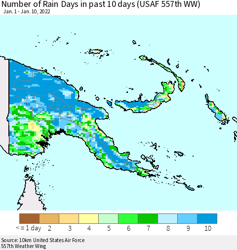 Papua New Guinea Number of Rain Days in past 10 days (USAF 557th WW) Thematic Map For 1/6/2022 - 1/10/2022