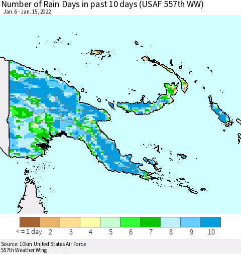 Papua New Guinea Number of Rain Days in past 10 days (USAF 557th WW) Thematic Map For 1/11/2022 - 1/15/2022