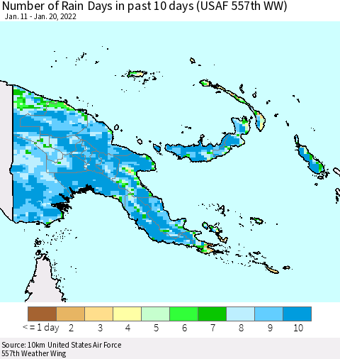Papua New Guinea Number of Rain Days in past 10 days (USAF 557th WW) Thematic Map For 1/16/2022 - 1/20/2022