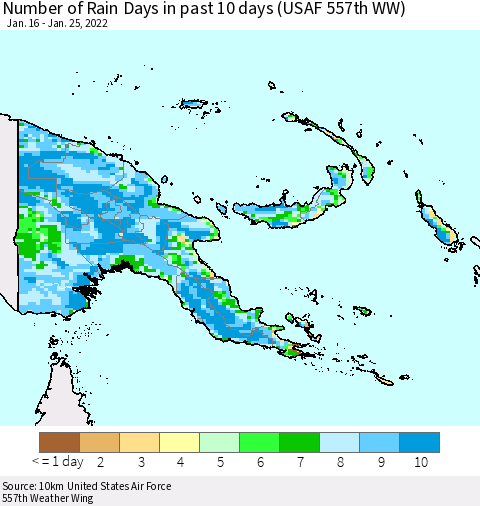 Papua New Guinea Number of Rain Days in past 10 days (USAF 557th WW) Thematic Map For 1/21/2022 - 1/25/2022