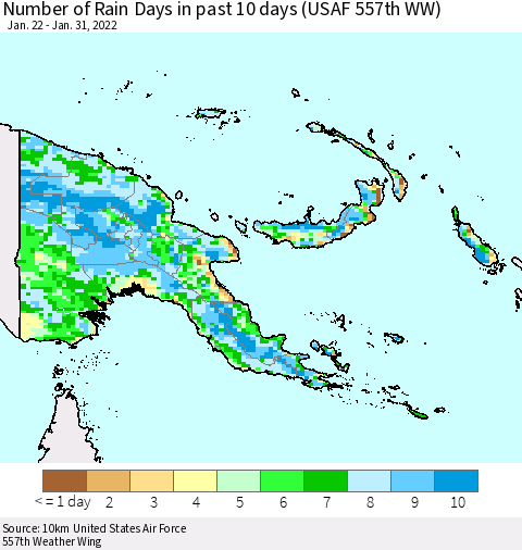 Papua New Guinea Number of Rain Days in past 10 days (USAF 557th WW) Thematic Map For 1/26/2022 - 1/31/2022