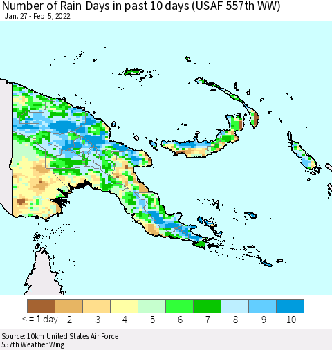 Papua New Guinea Number of Rain Days in past 10 days (USAF 557th WW) Thematic Map For 2/1/2022 - 2/5/2022