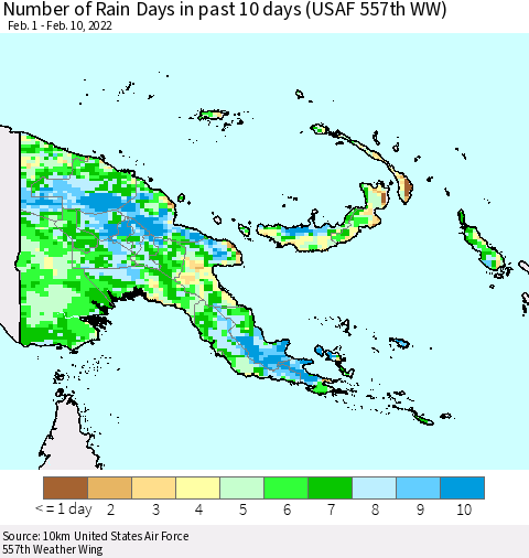 Papua New Guinea Number of Rain Days in past 10 days (USAF 557th WW) Thematic Map For 2/6/2022 - 2/10/2022