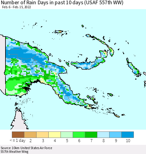 Papua New Guinea Number of Rain Days in past 10 days (USAF 557th WW) Thematic Map For 2/11/2022 - 2/15/2022