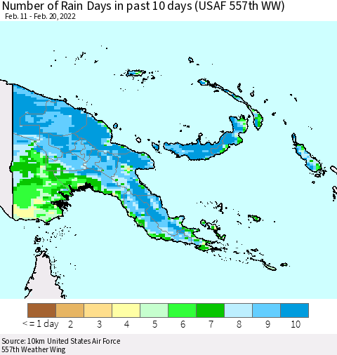Papua New Guinea Number of Rain Days in past 10 days (USAF 557th WW) Thematic Map For 2/16/2022 - 2/20/2022