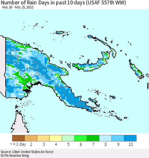 Papua New Guinea Number of Rain Days in past 10 days (USAF 557th WW) Thematic Map For 2/21/2022 - 2/25/2022