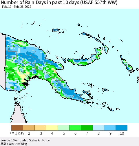 Papua New Guinea Number of Rain Days in past 10 days (USAF 557th WW) Thematic Map For 2/26/2022 - 2/28/2022