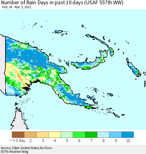 Papua New Guinea Number of Rain Days in past 10 days (USAF 557th WW) Thematic Map For 3/1/2022 - 3/5/2022