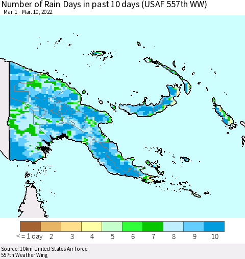 Papua New Guinea Number of Rain Days in past 10 days (USAF 557th WW) Thematic Map For 3/6/2022 - 3/10/2022