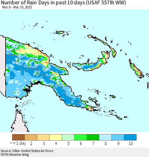 Papua New Guinea Number of Rain Days in past 10 days (USAF 557th WW) Thematic Map For 3/11/2022 - 3/15/2022