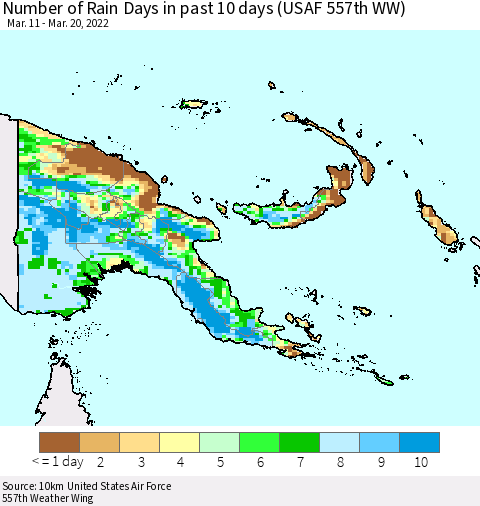 Papua New Guinea Number of Rain Days in past 10 days (USAF 557th WW) Thematic Map For 3/16/2022 - 3/20/2022