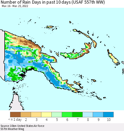 Papua New Guinea Number of Rain Days in past 10 days (USAF 557th WW) Thematic Map For 3/21/2022 - 3/25/2022