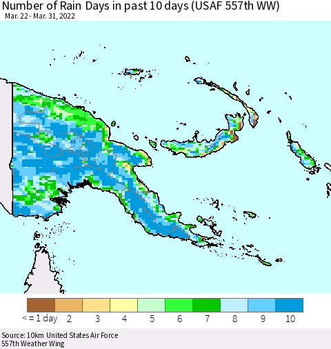 Papua New Guinea Number of Rain Days in past 10 days (USAF 557th WW) Thematic Map For 3/26/2022 - 3/31/2022