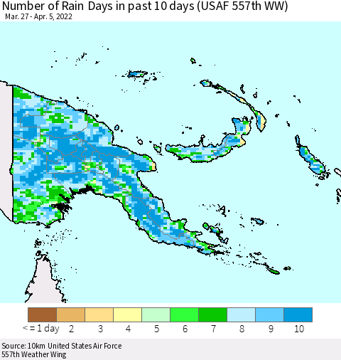 Papua New Guinea Number of Rain Days in past 10 days (USAF 557th WW) Thematic Map For 4/1/2022 - 4/5/2022