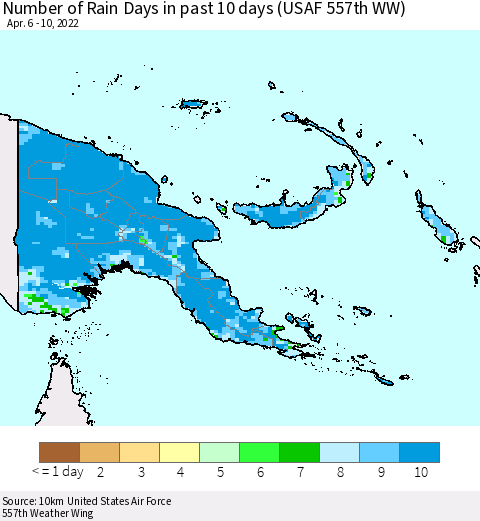 Papua New Guinea Number of Rain Days in past 10 days (USAF 557th WW) Thematic Map For 4/6/2022 - 4/10/2022