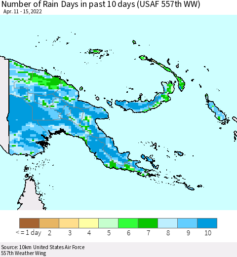 Papua New Guinea Number of Rain Days in past 10 days (USAF 557th WW) Thematic Map For 4/11/2022 - 4/15/2022