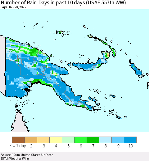 Papua New Guinea Number of Rain Days in past 10 days (USAF 557th WW) Thematic Map For 4/16/2022 - 4/20/2022