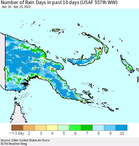 Papua New Guinea Number of Rain Days in past 10 days (USAF 557th WW) Thematic Map For 4/21/2022 - 4/25/2022