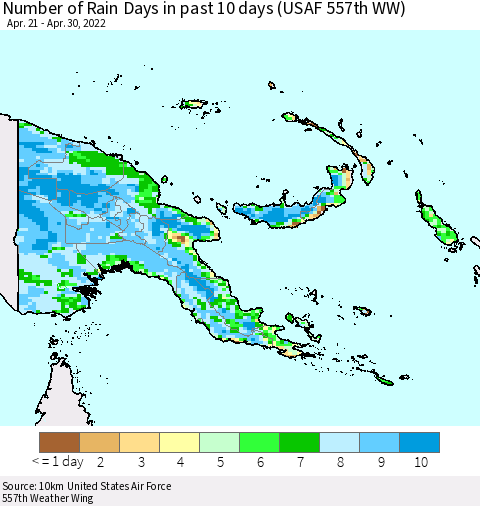 Papua New Guinea Number of Rain Days in past 10 days (USAF 557th WW) Thematic Map For 4/26/2022 - 4/30/2022