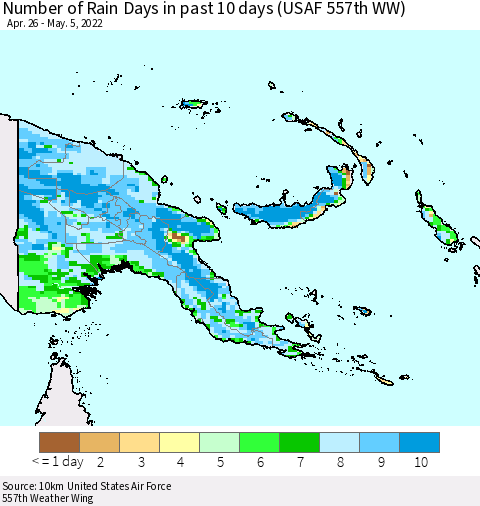 Papua New Guinea Number of Rain Days in past 10 days (USAF 557th WW) Thematic Map For 5/1/2022 - 5/5/2022