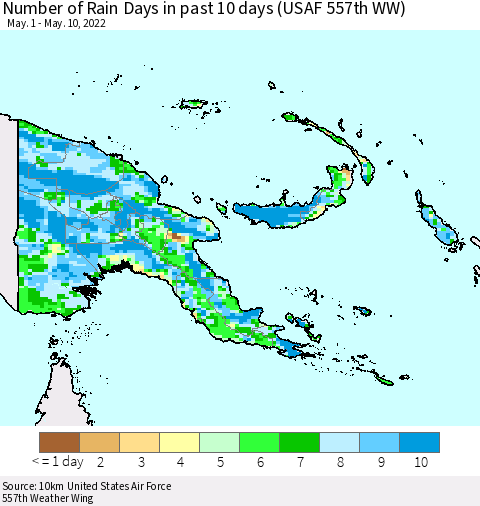 Papua New Guinea Number of Rain Days in past 10 days (USAF 557th WW) Thematic Map For 5/6/2022 - 5/10/2022