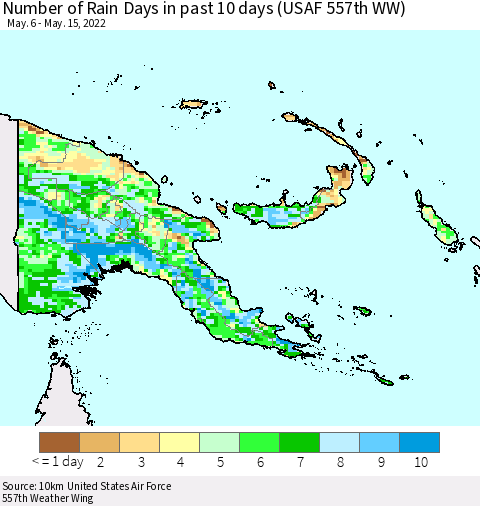 Papua New Guinea Number of Rain Days in past 10 days (USAF 557th WW) Thematic Map For 5/11/2022 - 5/15/2022