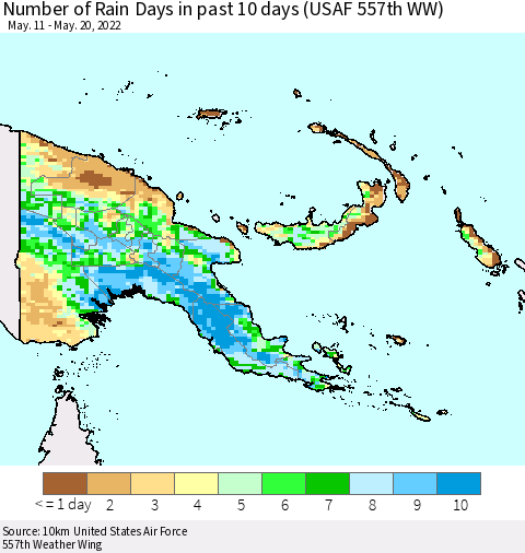 Papua New Guinea Number of Rain Days in past 10 days (USAF 557th WW) Thematic Map For 5/16/2022 - 5/20/2022