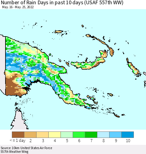 Papua New Guinea Number of Rain Days in past 10 days (USAF 557th WW) Thematic Map For 5/21/2022 - 5/25/2022