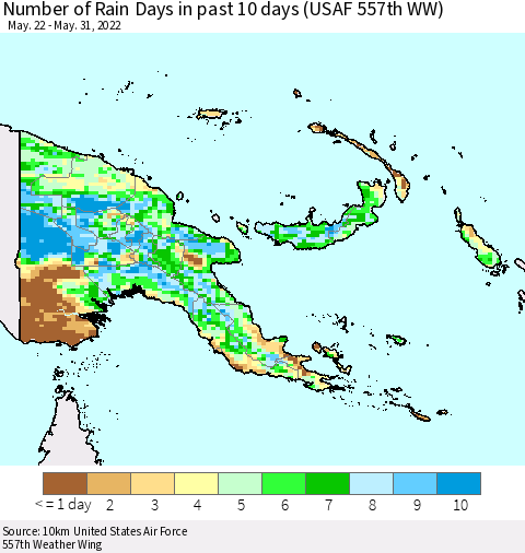 Papua New Guinea Number of Rain Days in past 10 days (USAF 557th WW) Thematic Map For 5/26/2022 - 5/31/2022