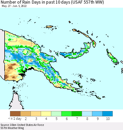 Papua New Guinea Number of Rain Days in past 10 days (USAF 557th WW) Thematic Map For 6/1/2022 - 6/5/2022