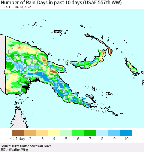 Papua New Guinea Number of Rain Days in past 10 days (USAF 557th WW) Thematic Map For 6/6/2022 - 6/10/2022