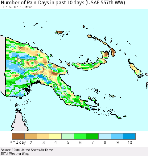 Papua New Guinea Number of Rain Days in past 10 days (USAF 557th WW) Thematic Map For 6/11/2022 - 6/15/2022