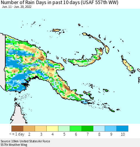 Papua New Guinea Number of Rain Days in past 10 days (USAF 557th WW) Thematic Map For 6/16/2022 - 6/20/2022