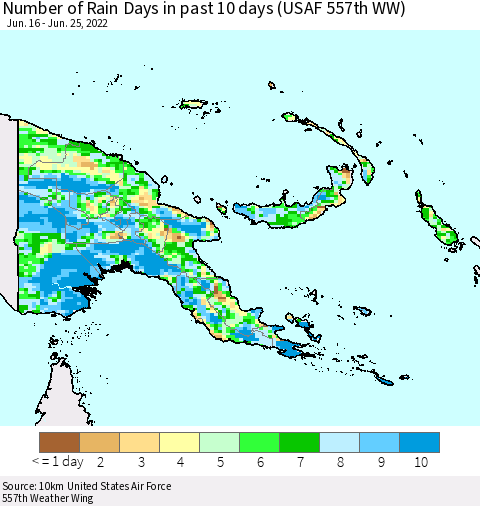 Papua New Guinea Number of Rain Days in past 10 days (USAF 557th WW) Thematic Map For 6/21/2022 - 6/25/2022
