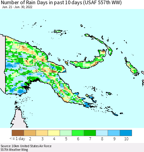 Papua New Guinea Number of Rain Days in past 10 days (USAF 557th WW) Thematic Map For 6/26/2022 - 6/30/2022