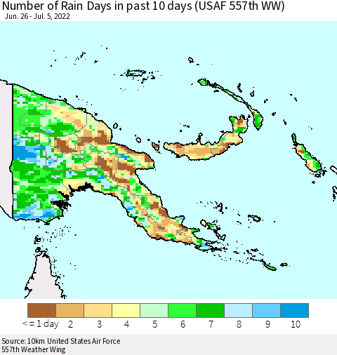 Papua New Guinea Number of Rain Days in past 10 days (USAF 557th WW) Thematic Map For 7/1/2022 - 7/5/2022