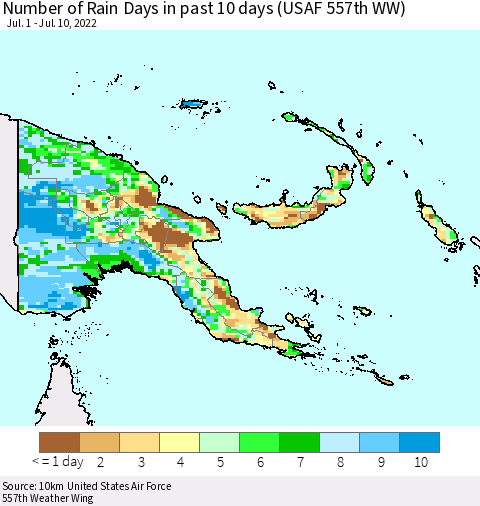 Papua New Guinea Number of Rain Days in past 10 days (USAF 557th WW) Thematic Map For 7/6/2022 - 7/10/2022