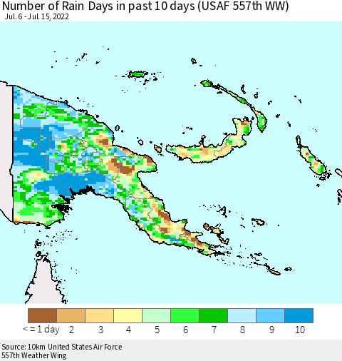 Papua New Guinea Number of Rain Days in past 10 days (USAF 557th WW) Thematic Map For 7/11/2022 - 7/15/2022